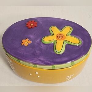 Tumbleweed Pottery Ceramic Oval Trinket Box Footed w Lid Live Love Laugh Yellow